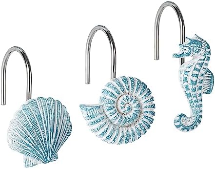 Sunlit Seashells Decorative Shower Curtain Hooks, Aqua Blue Ocean Creatures Coastal Shower Curtain Rings, Resin, Nautical Bathroom Decoration Beach Hooks-12 Pack