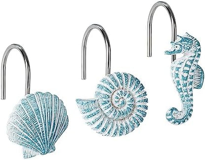 Sunlit Seashells Decorative Shower Curtain Hooks, Aqua Blue Ocean Creatures Coastal Shower Curtain Rings, Resin, Nautical Bathroom Decoration Beach Hooks-12 Pack