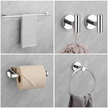 Chrome Bathroom Hardware Set, 4 Pieces Towel Bar Towel Holder Set Includes Towel Bar, Toilet Paper Holder,Towel Ring and Towel Hook Wall Mount Bathroom Accessories Towel Racks for Bathroom