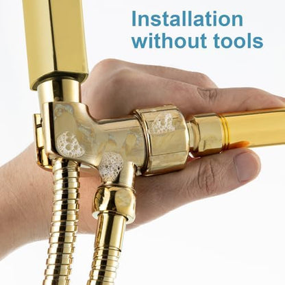 OFFO Shower Head Holder with Solid Metal Ball for Handheld Shower Head Gold, Adjustable Shower Arm Mount for Connecting Shower Arm and Shower Hose, 1/2 in IPS Female Inlet and Male Outlet