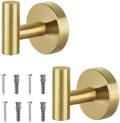Towel Hooks for Bathroom 2 Packs Screw- in Gold Wall Mount Towel Holder Towel Rack, Heavy Duty Robe Coat Loofah Hooks for Shower, Kitchen,Hotel, Pool Tile, Brick Modern Style Decor Wall Hooks