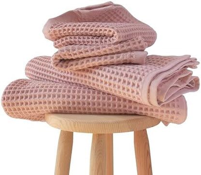 PÜSKÜL Natural 100% Turkish Cotton Waffle Towels Set of 4-Piece Pink Powder