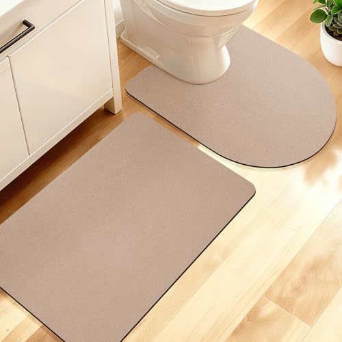 ACCUMTEK Non Slip Bath Mat, Thin Bathroom Rugs Fit Under Door, Quick Dry Bath Mats, Machine Washable Bath Rugs for Bathroom, Bathtub & Kitchen, Bathtub, Taupe/Solid/2 Piece
