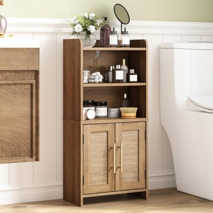 Small Bathroom Storage Cabinet with 2 Doors & Shelf,Rattan Natural