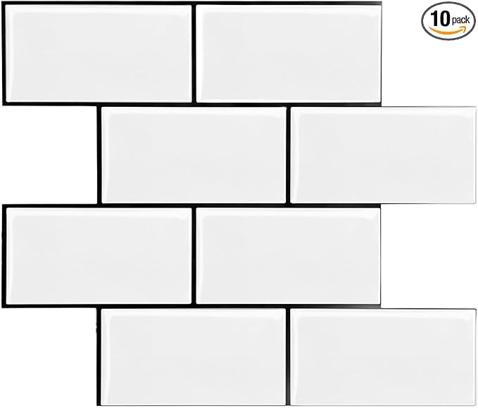 STICKGOO 10-Sheet Backsplash Peel and Stick Subway Tile, Self Adhesive Vinyl Wall Tiles, Stick on Backsplash for Kitchen and Bathroom(Thicker Design, White with Black Grout)
