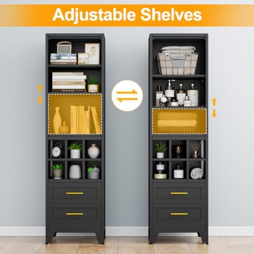 Ckzbx Tall Narrow Storage Cabinet, 66.93" H Tall Bathroom Cabinet Metal Pantry Cabinets with Hollowed-Out, 3 Adjustable Shelves, for Kitchen, Bathroom, Home Office, Living Room (Black)