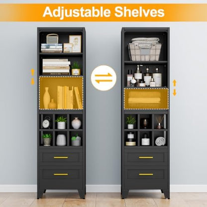 Ckzbx Tall Narrow Storage Cabinet, 66.93" H Tall Bathroom Cabinet Metal Pantry Cabinets with Hollowed-Out, 3 Adjustable Shelves, for Kitchen, Bathroom, Home Office, Living Room (Black)