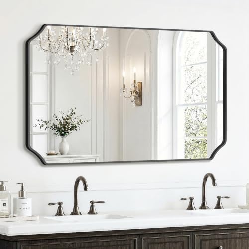 Delma Bathroom Vanity Mirror, Black Framed Aluminum Bathroom Mirror for Over Sink, Scalloped Round Corner Wall Mirror, High-Definition Vanity Mirror, Hangs Horizontally or Vertically (40x28,Black)
