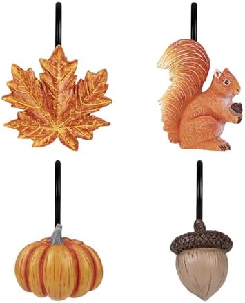 Sunlit Fall Autumn Decorative Shower Curtain Hooks, Pumpkin Maple Leaf Squirrel Acorn Shower Curtain Rings with Black Hooks, Resin, Orange Leaves Cute Bathroom Curtain Hangers Decoration, Set of 12