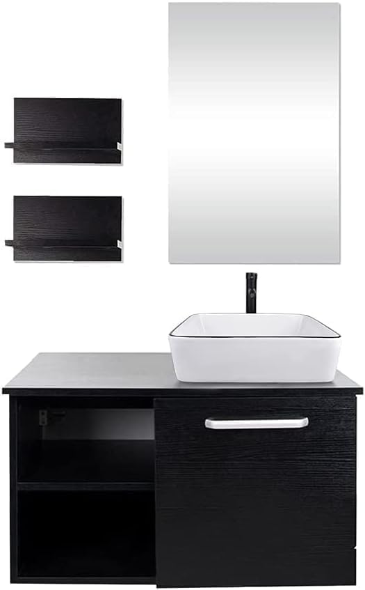 YOURLITE 28" Wall Mounted Bathroom Vanity, Floating Modern Lavatory Wood Cabinet with Mirror White Ceramic Porcelain Sink Combo Vanities Set