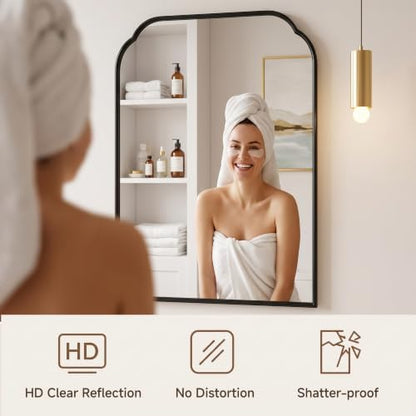 36"x24"﻿ Black Bathroom Scalloped Mirror, Rust-Proof Metal Frame