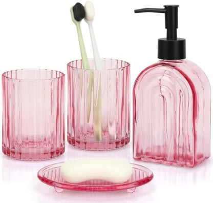 Bathroom Accessories Set, 4Pcs Glass Bathroom Accessories Set Complete, 13.5OZ Lotion Soap Dispenser, Toothbrush Holder, Mouthwash Cup, Soap Dish for Bathroom Decor, Countertop Organizer (Pink)