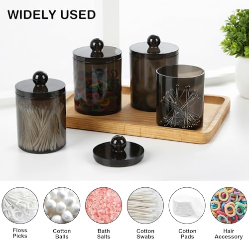 WEISHI 4 Pack Qtip Holder Dispenser - Cotton Ball, Swab, Round Pads, Floss , Small Plastic Apothecary Jar Containers with Lids for Bathroom Storage and Organization, Vanity Organizer ( Black )