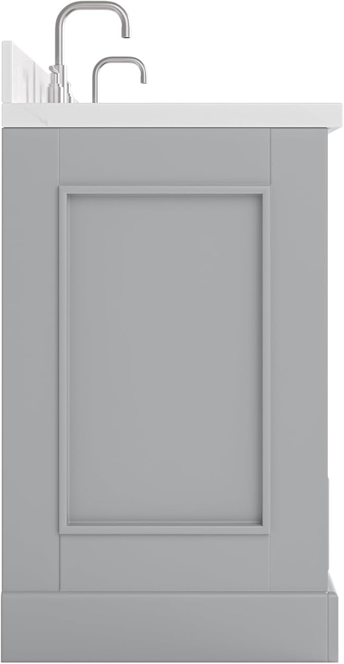 Langford 72-inch Grey Bathroom Vanity with Left & Right Rectangle Double Sinks, Carrara White Quartz Countertop & Backsplash, Solid Wood Frame, Soft-Closing & Dovetail Drawers