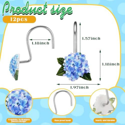 Amyhill 12 Pcs Hydrangea Decorative Shower Curtain Hooks Blue Flower Shower Curtain Rings Hanger Stainless Steel Resin Spring Floral Themed Hooks for Home Bathroom Decor