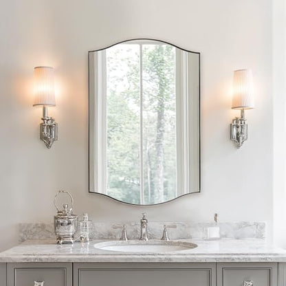 ANDY STAR Chrome Bathroom Mirror, 24"x36" Scalloped Wall Mirror in Stainless Steel Metal Frame, Unique Vanity Mirror with Modern Curved Edge Design, Ideal for Bathroom, Bedroom, Entryway