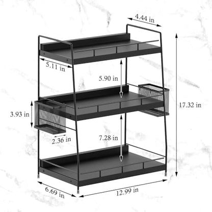 3 Tier Bathroom Counter Organizer with Side Baskets, Wooden Vanity Shelf