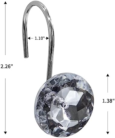 Crystal Diamond Round Shower Curtain Hooks Rings for Bathroom,Grey,12PCS