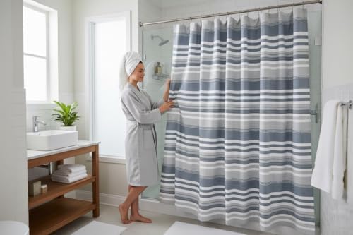 Serafina Home Modern Coastal Blue White Gray Stripe Cotton Shower Curtain