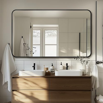 Antok 50x30 Black Metal Framed Bathroom Mirror, Wall Mirror with Round Corners, Vanity Mirror for Over Sink, Anti-Rust Tempered Glass, Horizontal/Vertical Hanging for Bathroom, Living Room, Entryway