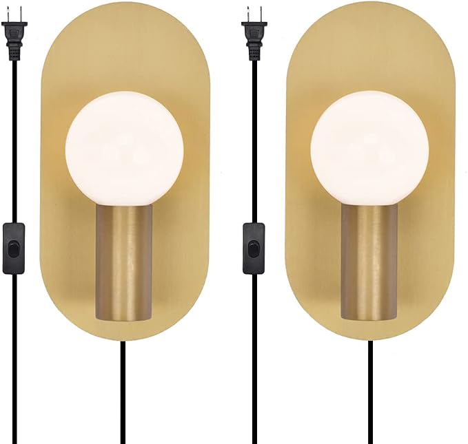Plug in Wall Sconce Set of 2, Modern Sconces Wall Lighting Cord with On Off Switch, Brushed Gold Wall Mount Light Fixture for Bedroom Living Room Bathroom Vanity