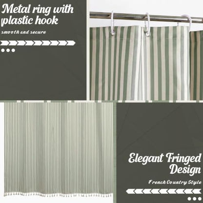 HunnmingRe Sage Green Farmhouse Striped Shower Curtain Tasseled 72x72 Inch