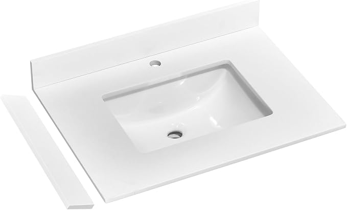 30" x 22" Vanity Top, Quartz Vanity Sink Top in Pure White, with One Sidesplash & One Backsplash, with Undermounted Rectangular Sink,Single Faucet Hole for Vanity Top with Sink