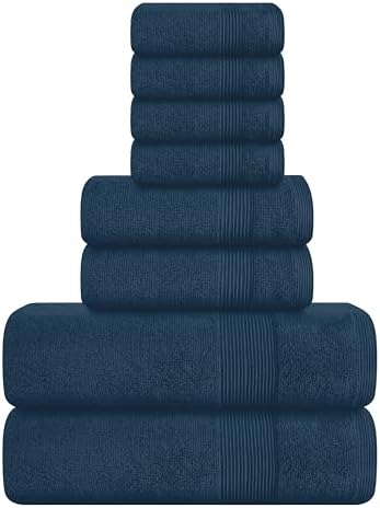 Belizzi Home 8 Piece Towel Set 100% Ring Spun Cotton, 2 Bath Towels 27x54, 2 Hand Towels 16x28 and 4 Washcloths 13x13 - Ultra Soft Highly Absorbent Machine Washable Hotel Spa Quality - Mineral Blue