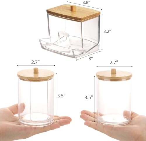 Tbestmax Bathroom Organizer Accessories Set-10 OZ Qtips Holder Storage with Bamboo Lids, Cotton Ball/Swabs Dispenser, Apothecary Container Jar 3 Pcs