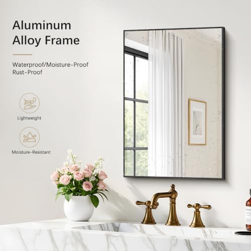 DESBING 16" x 24" Bathroom Mirror, Black Metal Frame Wall Mirror