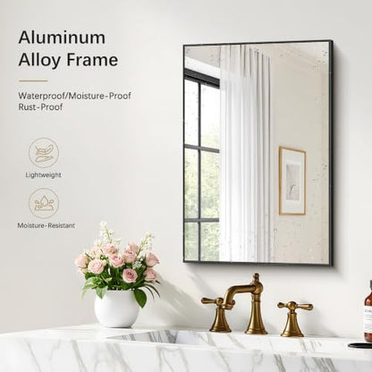 DESBING 16" x 24" Bathroom Mirror, Black Metal Frame Wall Mirror
