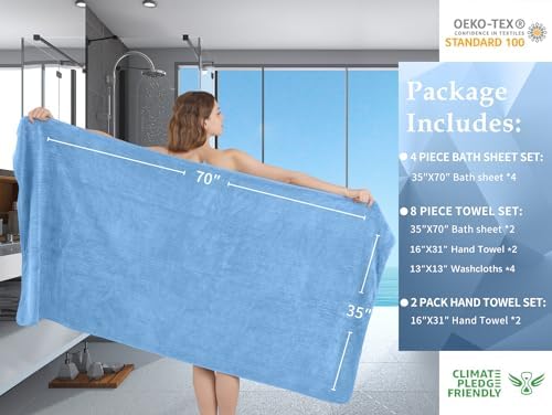 Extra Large Bath Sheet Set of 4,Ultra Soft Fluffy Towel,35”x 70”Oversized Bath Towel Set,Premium Microfiber Bathroom Towel Set Highly Absorbent Quick Dry Shower Towel for Bathroom,Hotel,Spa (Blue)