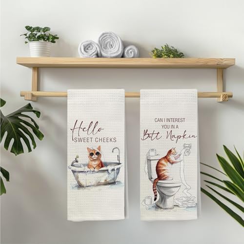 Hello Sweet Cheeks Orange Cat Bathroom Hand Towels, Cat Lover Gifts, Funny Cute Kitten Bathing Decorative Hand Towels for Bathroom Washroom Toilet Restroom, 16x24 Inch Set of 2