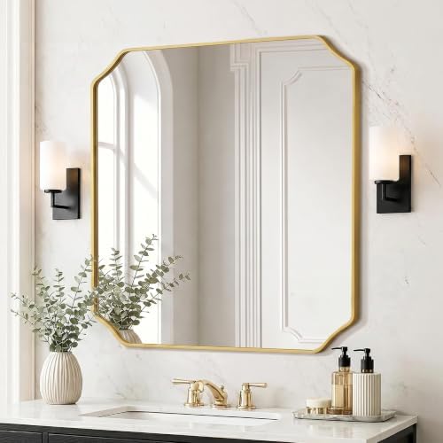 Delma Bathroom Vanity Mirror, Gold Framed Aluminum Bathroom Mirror for Over Sink, Scalloped Round Corner Wall Mirror, High-Definition Vanity Mirror, Hangs Horizontally or Vertically (36x30,Gold)