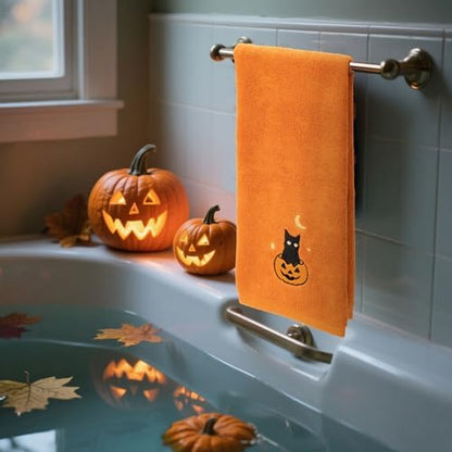JarThenaAMCS 3Pcs Halloween Hand Towels Black Cat Pumpkin Cotton Embroidered Bathroom Towel Orange Absorbent Bath Towel for Hand Drying Cleaning Cooking Kitchen Decor, 29.5 x 13.7 Inch