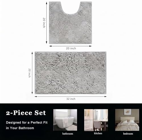 Bathroom Rugs Chenille Bath mat 2 Piece Set, Super Absorbent, Strong PVC Non Slip Backing, Bath mats for Bathroom, Plush Shaggy, Thick, Machine Washable, Bathtub, Toilet.(Light Grey)