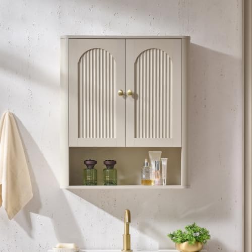 Bathroom Fluted Arched Wall Cabinet, 23.6''W Wood Medicine Cabinet, Cream