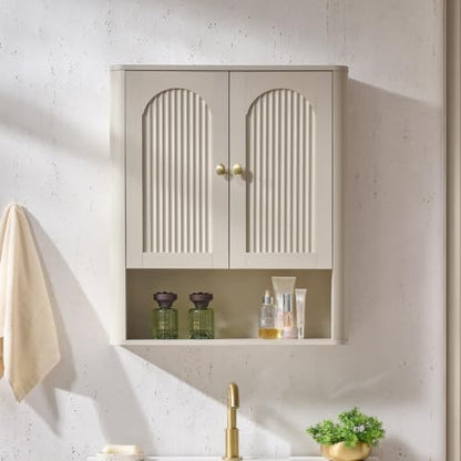 Bathroom Fluted Arched Wall Cabinet, 23.6''W Wood Medicine Cabinet, Cream