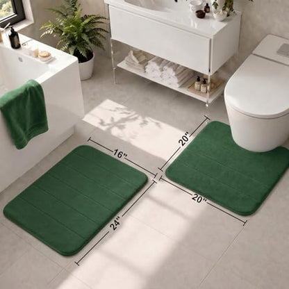 2 Piece Memory Foam Bath Mat Set, Extra Soft Absorbent Bathroom Rugs with U-Shaped Toilet Rug, Non-Slip Backing, Machine Washable, 24x16 + 20x20 U-Shaped, Dark Green