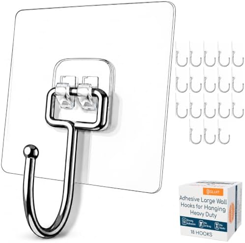 Adhesive Large Wall Hooks for Hanging Heavy Duty No Drill, 22 lbs, 18 pcs