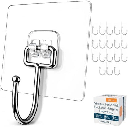 Adhesive Large Wall Hooks for Hanging Heavy Duty No Drill, 22 lbs, 18 pcs