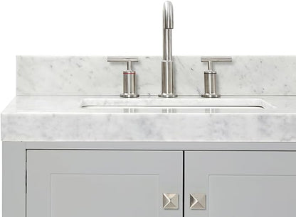 ARIEL Cambridge 72-inch Bathroom Vanity with Sink,Solid Wood, 2-inch Italian Carrara Marble Countertop, Double Rectangular Porcelain Sink, 4 Soft Closing Doors, 6 Dovetail Drawers, Grey