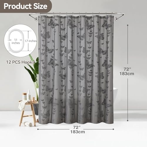Onalasyc Grey Butterfly Shower Curtain,Lace Sheer Shower Curtain,72x72in