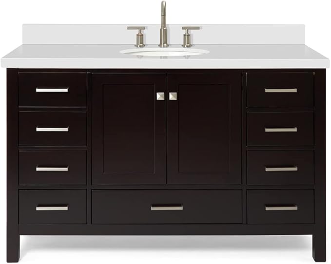 ARIEL 55" Espresso Bathroom Vanity with 1.5" Edge Pure White Quartz Countertop & Backsplash, Center Oval Sink, 2 Soft Closing Doors, 9 Full Extension Dovetail Drawers, Satin Brass