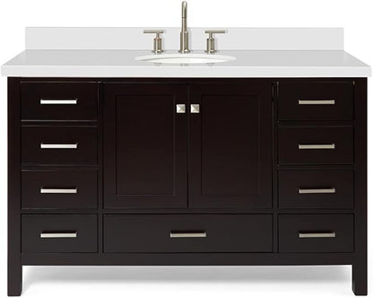 ARIEL 55" Espresso Bathroom Vanity with 1.5" Edge Pure White Quartz Countertop & Backsplash, Center Oval Sink, 2 Soft Closing Doors, 9 Full Extension Dovetail Drawers, Satin Brass