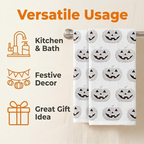 2 Pack Halloween Hand Towels 100% Cotton Jacquard ack-O'-Lantern Halloween Kitchen Towels White Bathroom Towels Set Seasonal Bathroom Decor (White ack-O'-Lantern, Halloween)