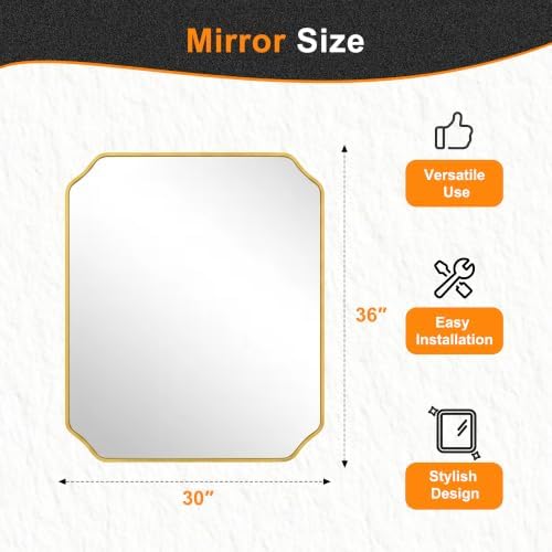 Delma Bathroom Vanity Mirror, Gold Framed Aluminum Bathroom Mirror for Over Sink, Scalloped Round Corner Wall Mirror, High-Definition Vanity Mirror, Hangs Horizontally or Vertically (36x30,Gold)
