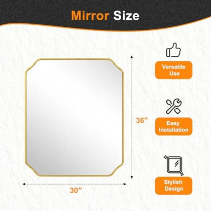 Delma Bathroom Vanity Mirror, Gold Framed Aluminum Bathroom Mirror for Over Sink, Scalloped Round Corner Wall Mirror, High-Definition Vanity Mirror, Hangs Horizontally or Vertically (36x30,Gold)