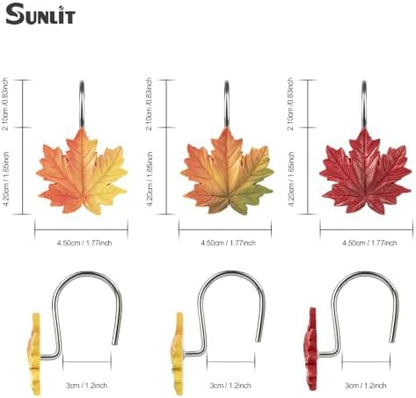Sunlit Maple Leaf Shower Curtain Hooks, Yellow to Red Ombre Fall Autumn Shower Curtain Rings for Bathroom, Decorative Resin Maple Leaves Curtain Hangers, Bath Accessories, Set of 12