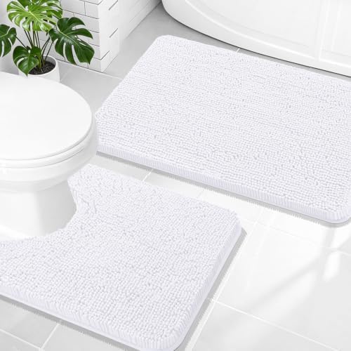 OLANLY Chenille Bathroom Rugs Mats Sets 2 Piece, 30"x20"+24"x20", White